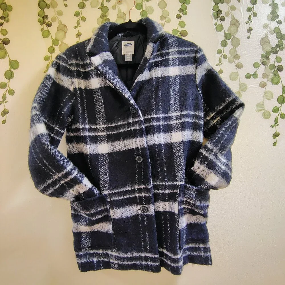 Old Navy Y2K Plaid Coat Navy Blue Button Front Youth XL 14 Fits Women XS